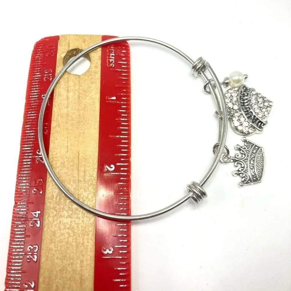 Silver Daughter Heart and Crown Charm Bangle Bracelet